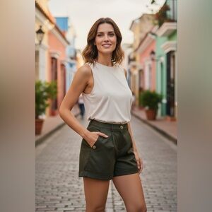Milly High Waist Green Shorts Tailored Pleated Design